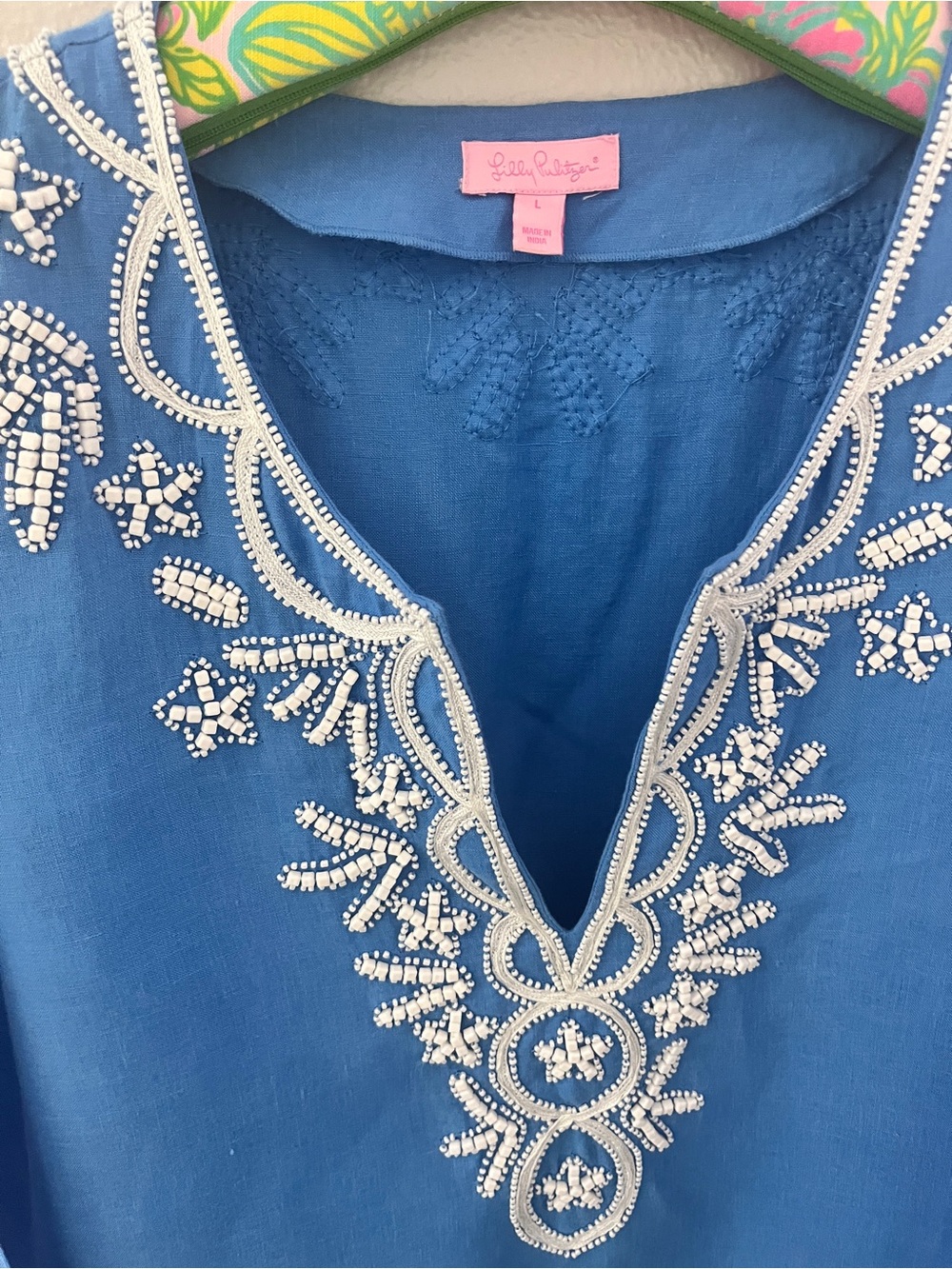 MINT Lilly Pulitzer Amelia Island Women LINEN TUNIC Top BEADED Resort LARGE - Picture 4 of 10